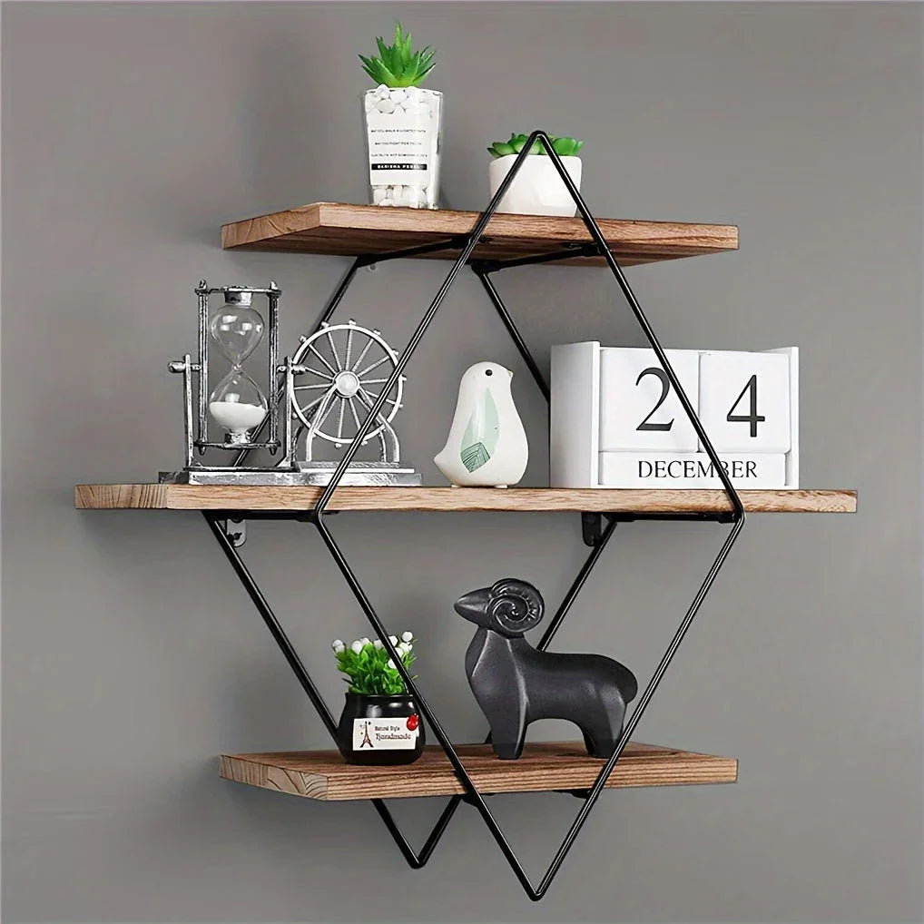 [Geometric Wall Shelves] 3 Tier Geometric Diamond Wall Floating Shelves - Decorative Industrial Hanging Metal Wire Wood Display Shelf for Living Room Kitchen House Of Avana
