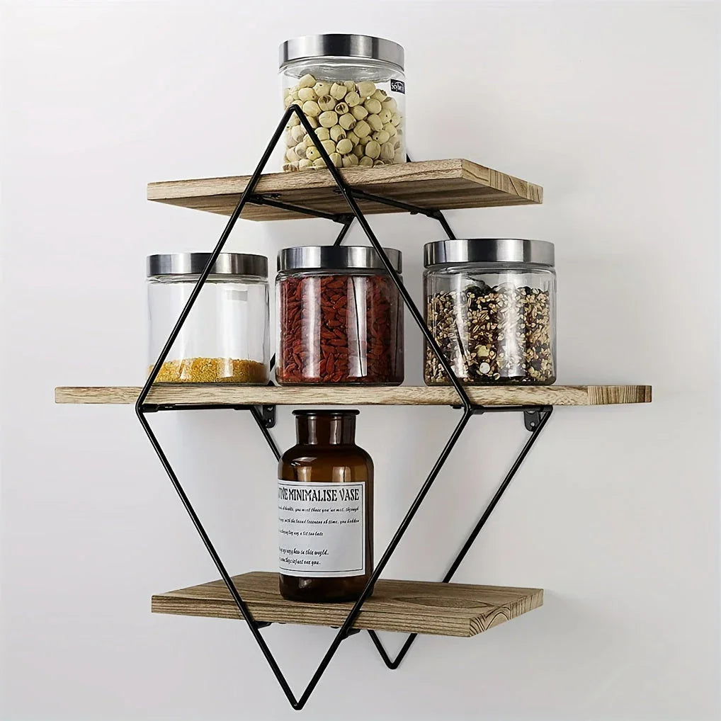 [Geometric Wall Shelves] 3 Tier Geometric Diamond Wall Floating Shelves - Decorative Industrial Hanging Metal Wire Wood Display Shelf for Living Room Kitchen House Of Avana