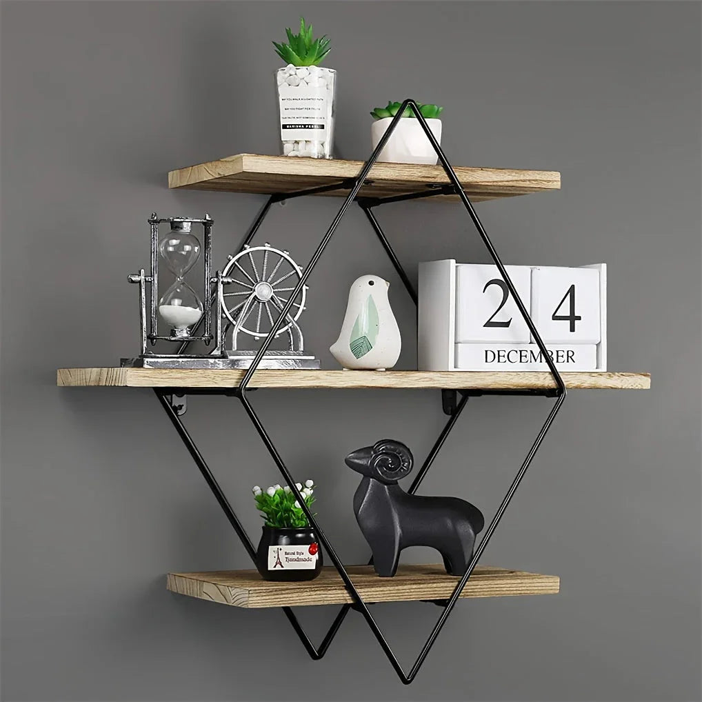 [Geometric Wall Shelves] 3 Tier Geometric Diamond Wall Floating Shelves - Decorative Industrial Hanging Metal Wire Wood Display Shelf for Living Room Kitchen House Of Avana