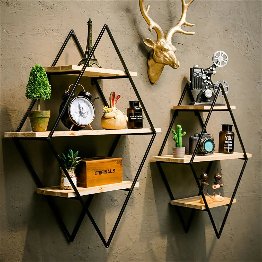 [Geometric Wall Shelves] 3 Tier Geometric Diamond Wall Floating Shelves - Decorative Industrial Hanging Metal Wire Wood Display Shelf for Living Room Kitchen House Of Avana
