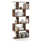 5-tier Geometric S-shaped Bookcase, Rustic Wooden Room Divider Storage Display Shelf, 62.5" Tall... - House Of Avana