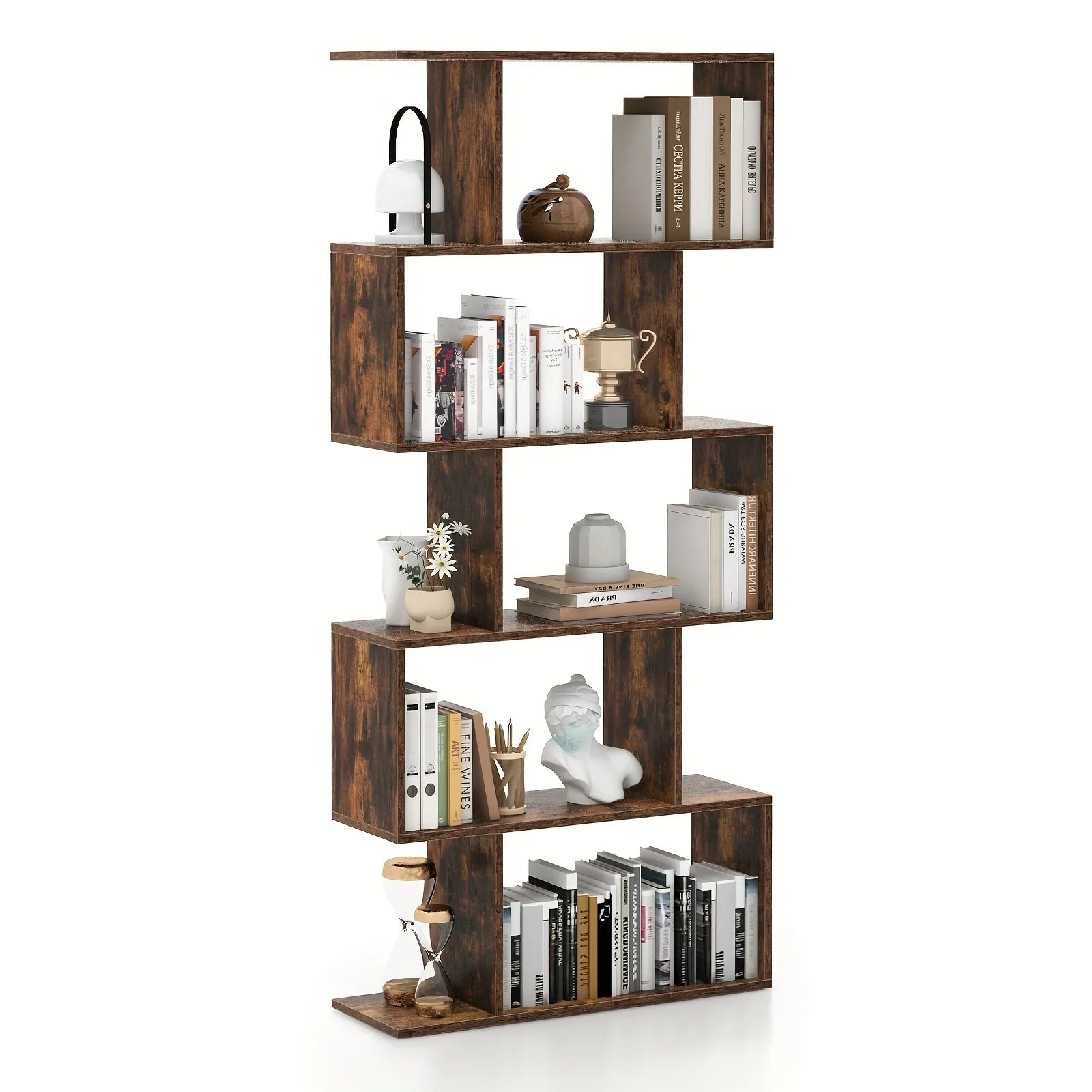 5-tier Geometric S-shaped Bookcase, Rustic Wooden Room Divider Storage Display Shelf, 62.5" Tall... - House Of Avana