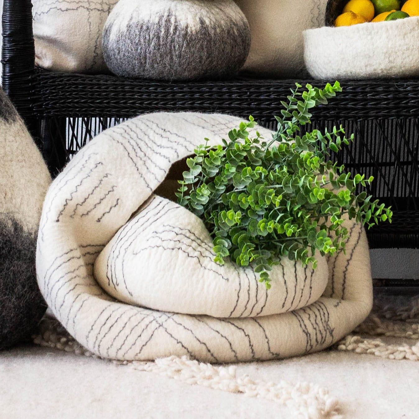 White Ghana Wool Linear Basket Kanju Interiors