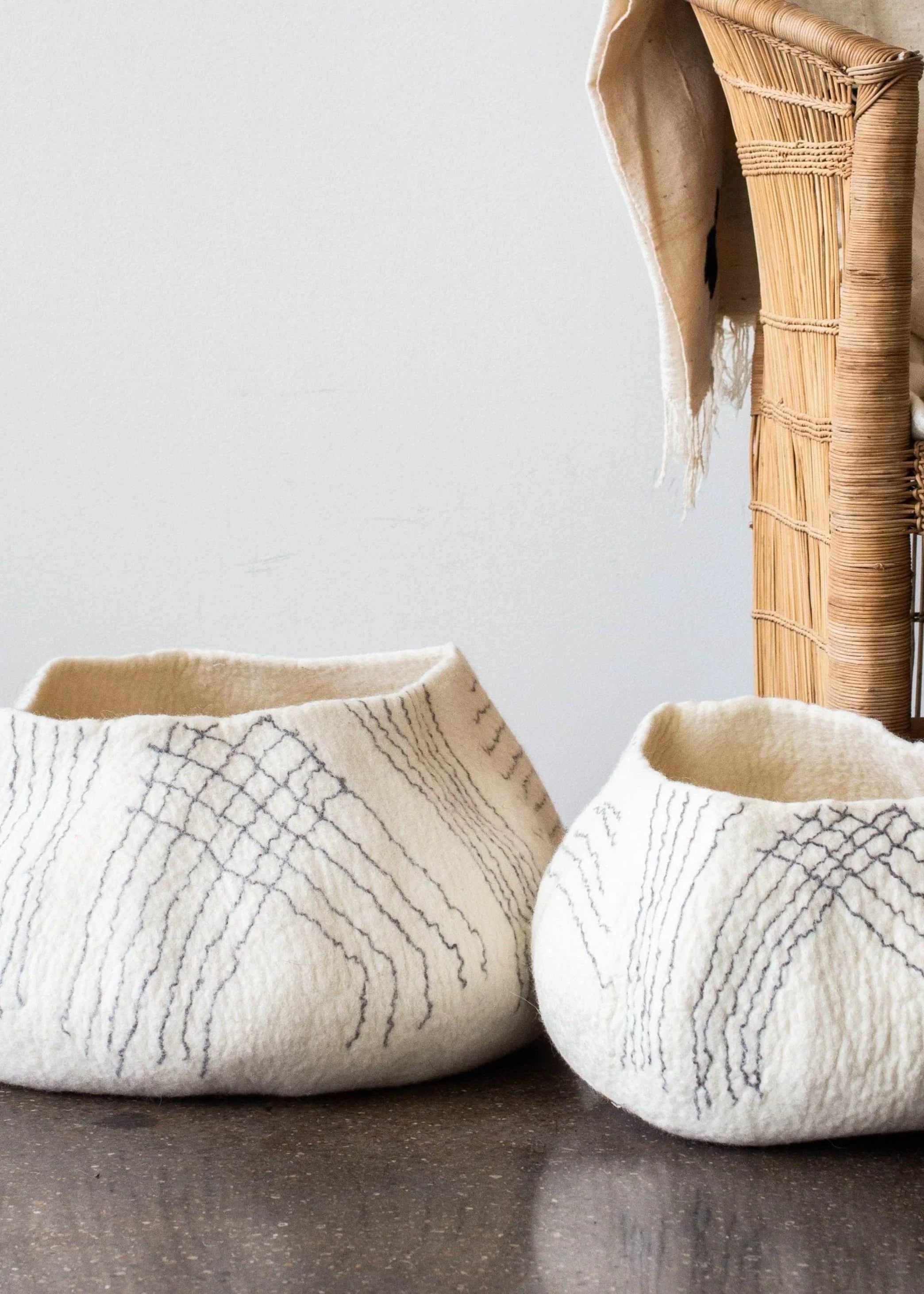 White Ghana Wool Linear Basket Kanju Interiors