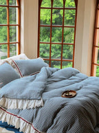 Gingham Floral Ruffle Bedding Set / Blue White
