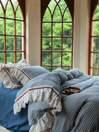 Gingham Floral Ruffle Bedding Set / Blue White