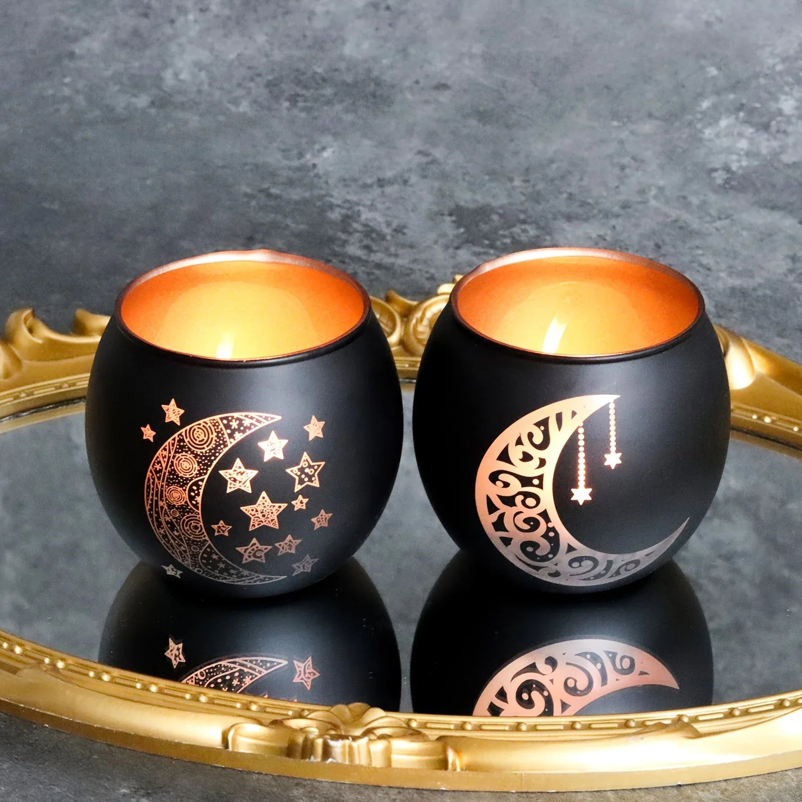 Clear glass candle holder with moon and star design, metallic accents - House of Avana