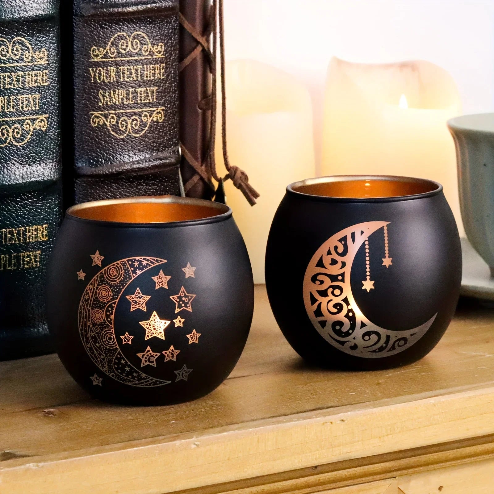 Clear glass candle holder with moon and star design, metallic accents - House of Avana