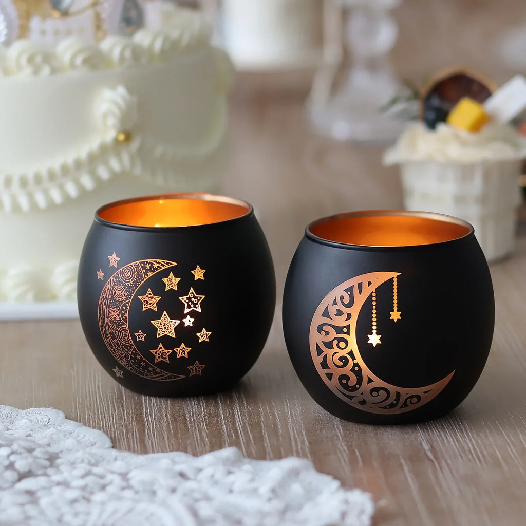 Clear glass candle holder with moon and star design, metallic accents - House of Avana