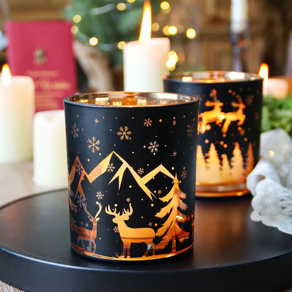 14oz Black Pillar Candle Holder - Vintage Glass Christmas Decor with Reindeer, Tree & Snowflake Designs - Perfect for Holiday Home & Living Room Ambiance House Of Avana