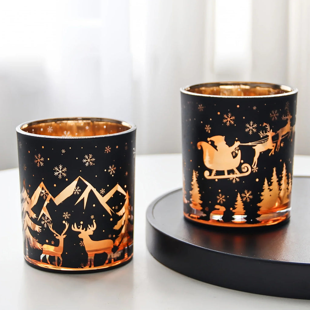 14oz Black Pillar Candle Holder - Vintage Glass Christmas Decor with Reindeer, Tree & Snowflake Designs - Perfect for Holiday Home & Living Room Ambiance House Of Avana