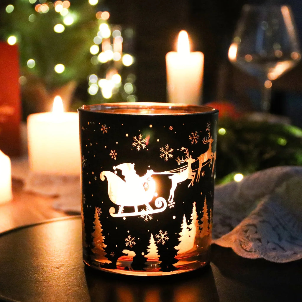 14oz Black Pillar Candle Holder - Vintage Glass Christmas Decor with Reindeer, Tree & Snowflake Designs - Perfect for Holiday Home & Living Room Ambiance House Of Avana