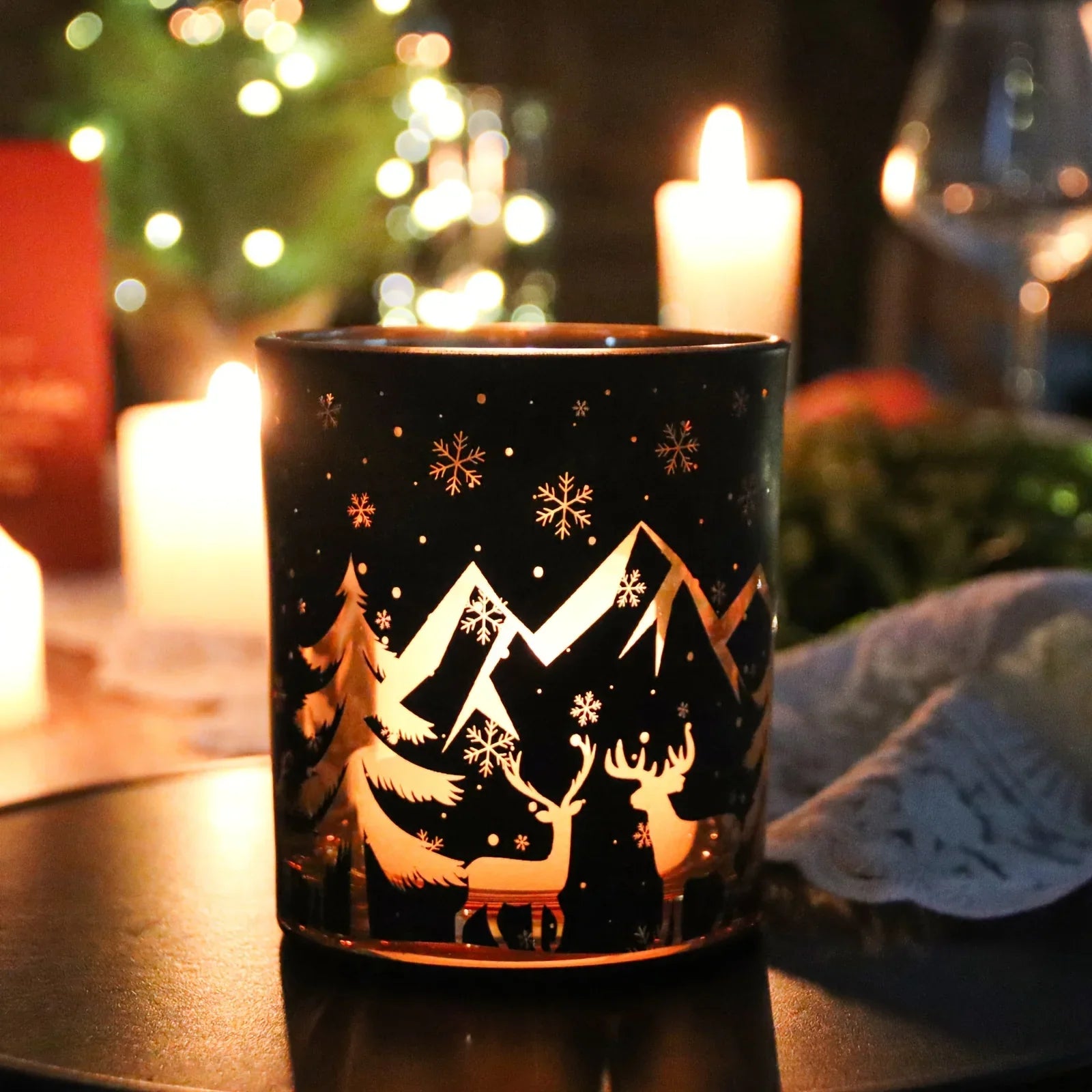 Clear glass candle holder with reindeer snowflake design, mercury glass finish - House of Avana