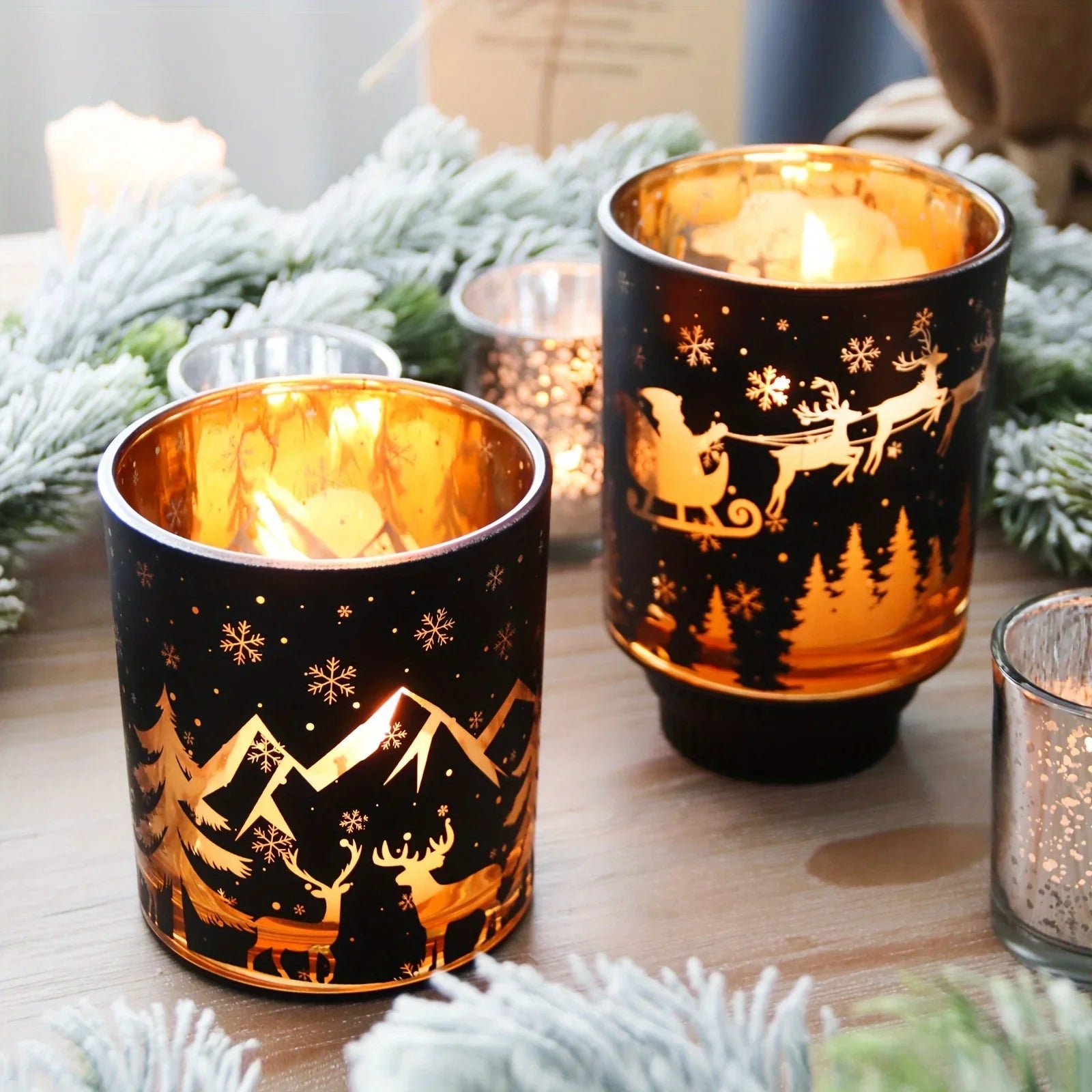 Clear glass candle holder with reindeer snowflake design, mercury glass finish - House of Avana