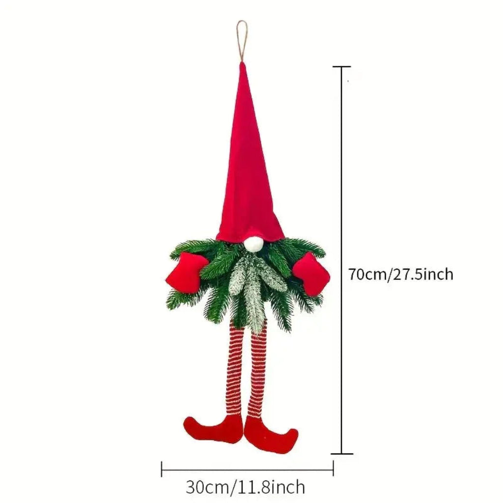 Gnome door ornament with red fabric hat and striped legs shown against a white background with height and width dimensions.