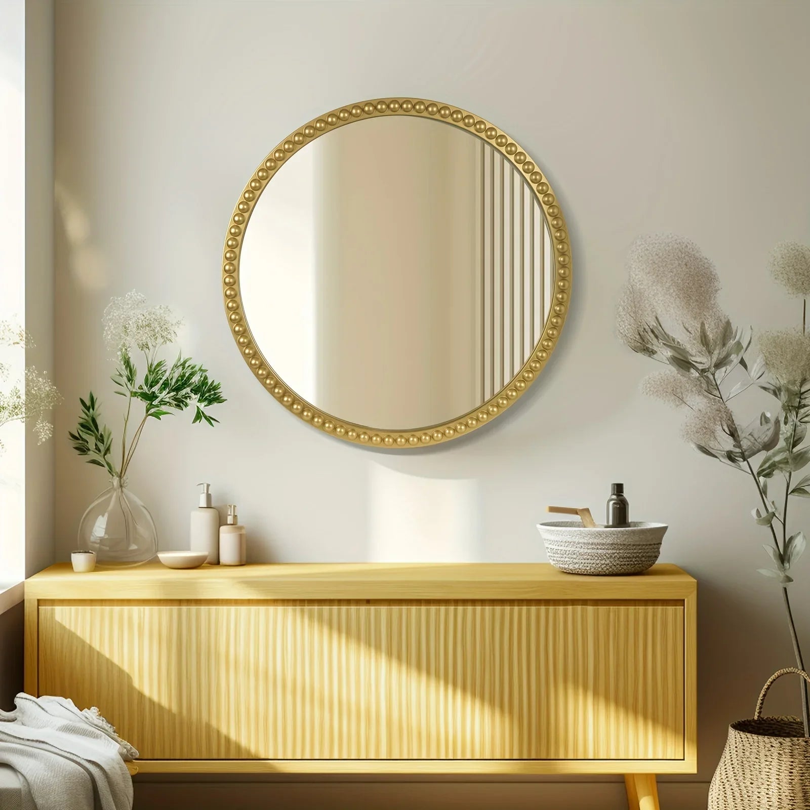 Beaded Round Mirror, 30 inch Large Round Mirror with Gold Beaded Wall Decorative Mirrors for Bathroom Entryway Living Room Bedroom - House Of Avana