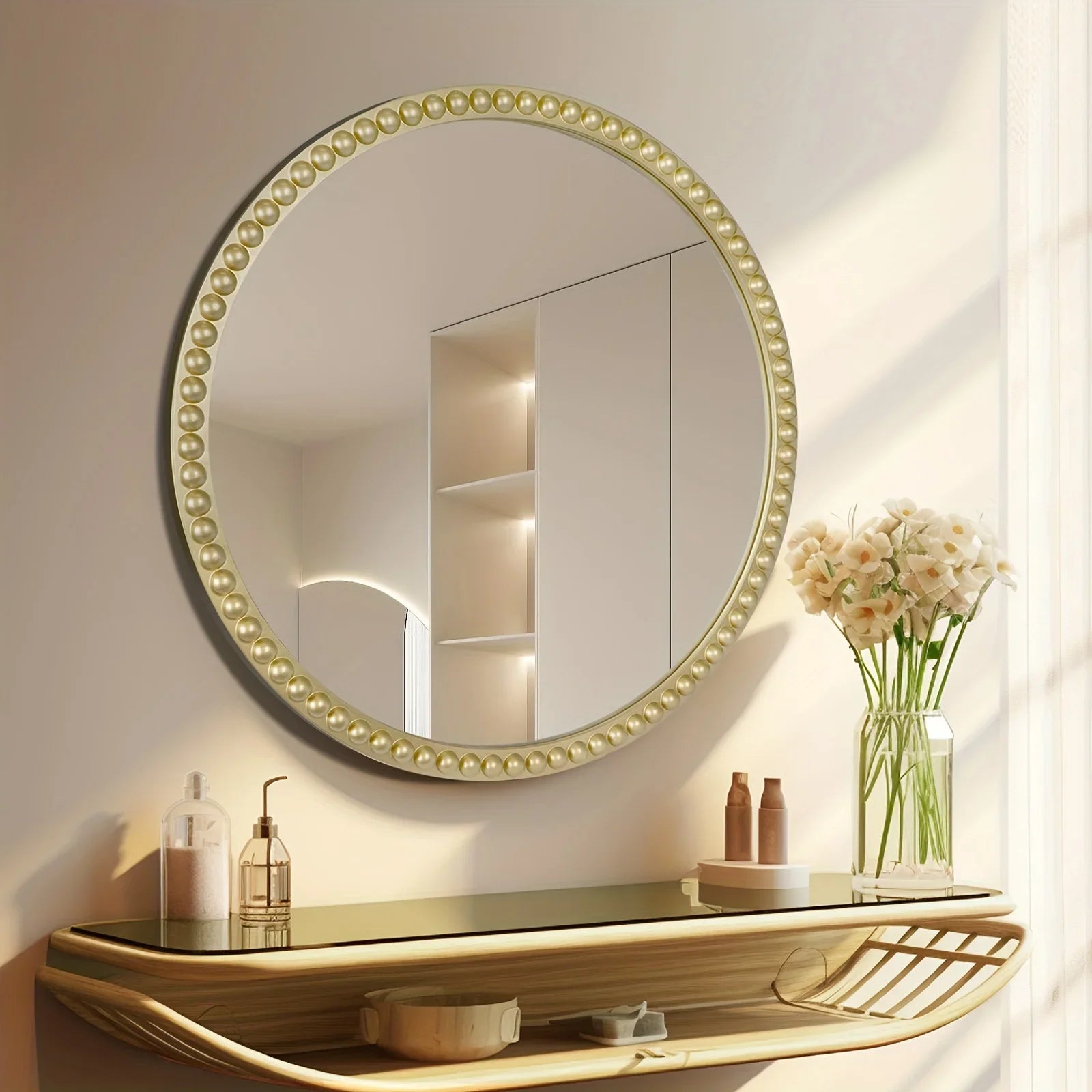 Beaded Round Mirror, 30 inch Large Round Mirror with Gold Beaded Wall Decorative Mirrors for Bathroom Entryway Living Room Bedroom - House Of Avana