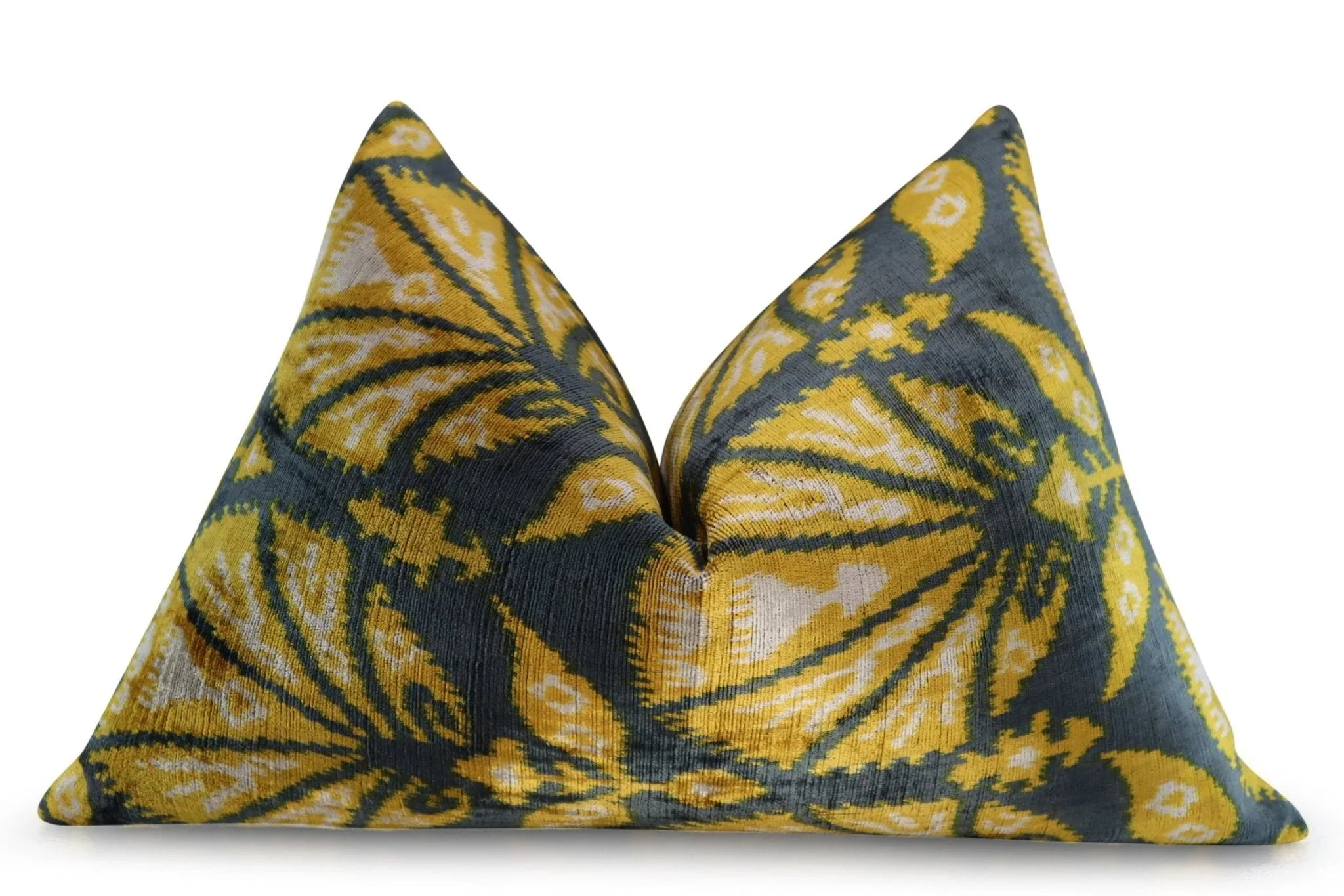 Canvello Gold Gray Handmade 16x24 Silk Velvet Pillow, Organic Veg Dyed, Down/feather Filled, angled view - House Of Avana