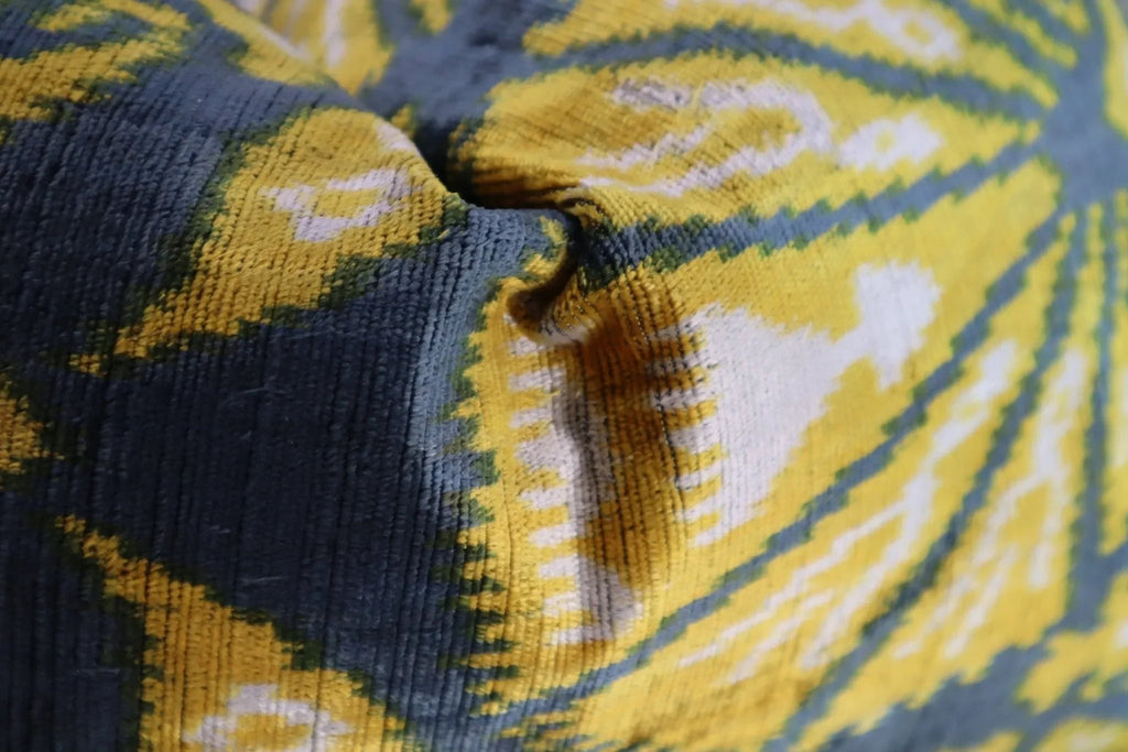 Canvello Gold Gray Handmade 16x24 Silk Velvet Pillow, Organic Veg Dyed, Down/feather Filled, close-up view - House Of Avana