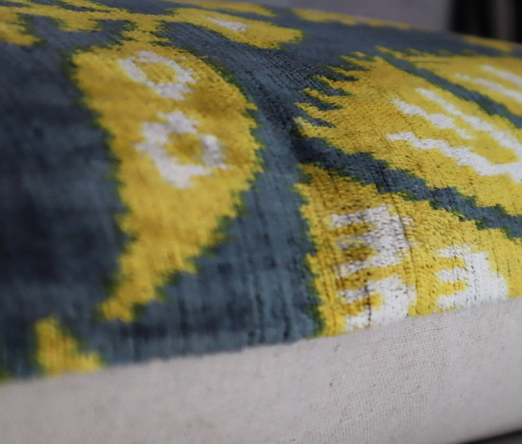 Canvello Gold Gray Handmade 16x24 Silk Velvet Pillow, Organic Veg Dyed, Down/feather Filled, top view - House Of Avana