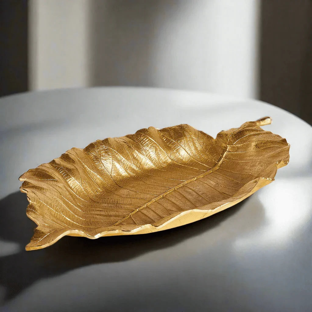 Antique Gold Leaf Shaped Accent Tray, front view - House Of Avana