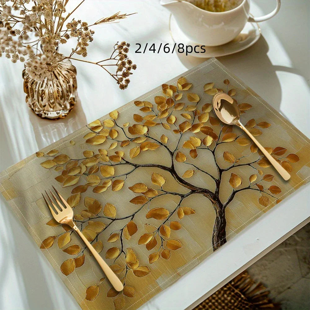 Gold tree design placemats, metallic gold leaf finish, decorative table setting - House of Avana