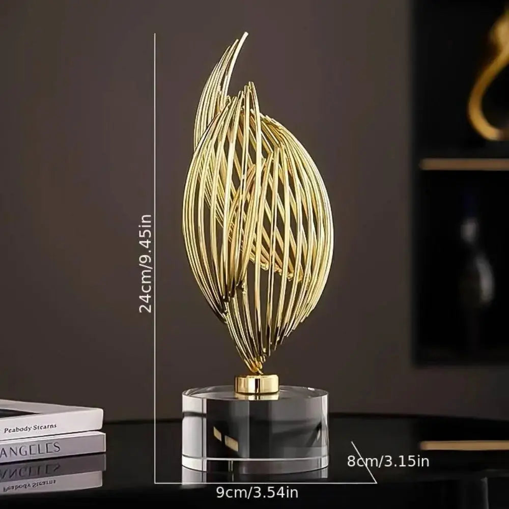 Tall gold metal ornament shown with height and width dimensions on a clear acrylic base.