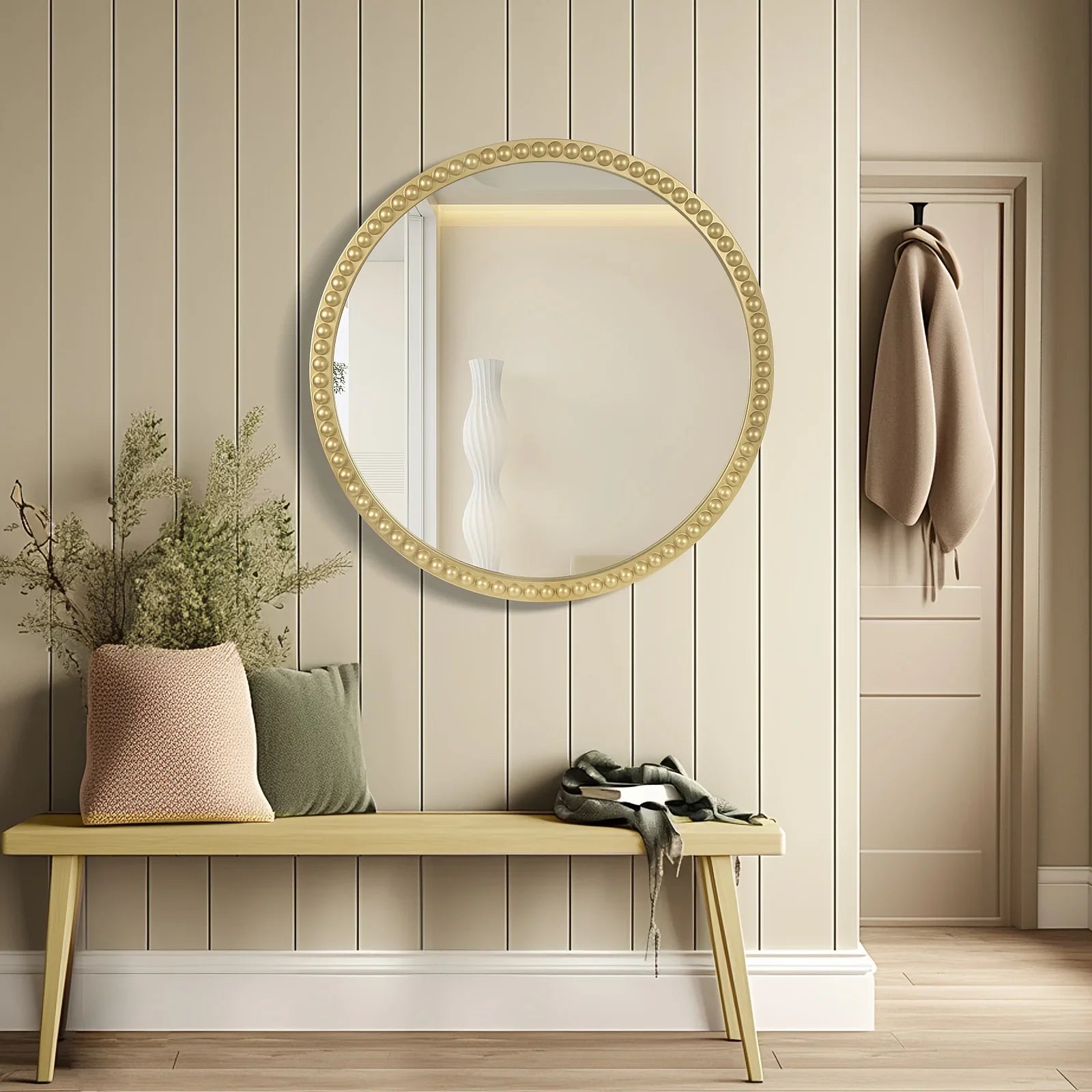 Gold Beaded Round Wall Mirror - House Of Avana