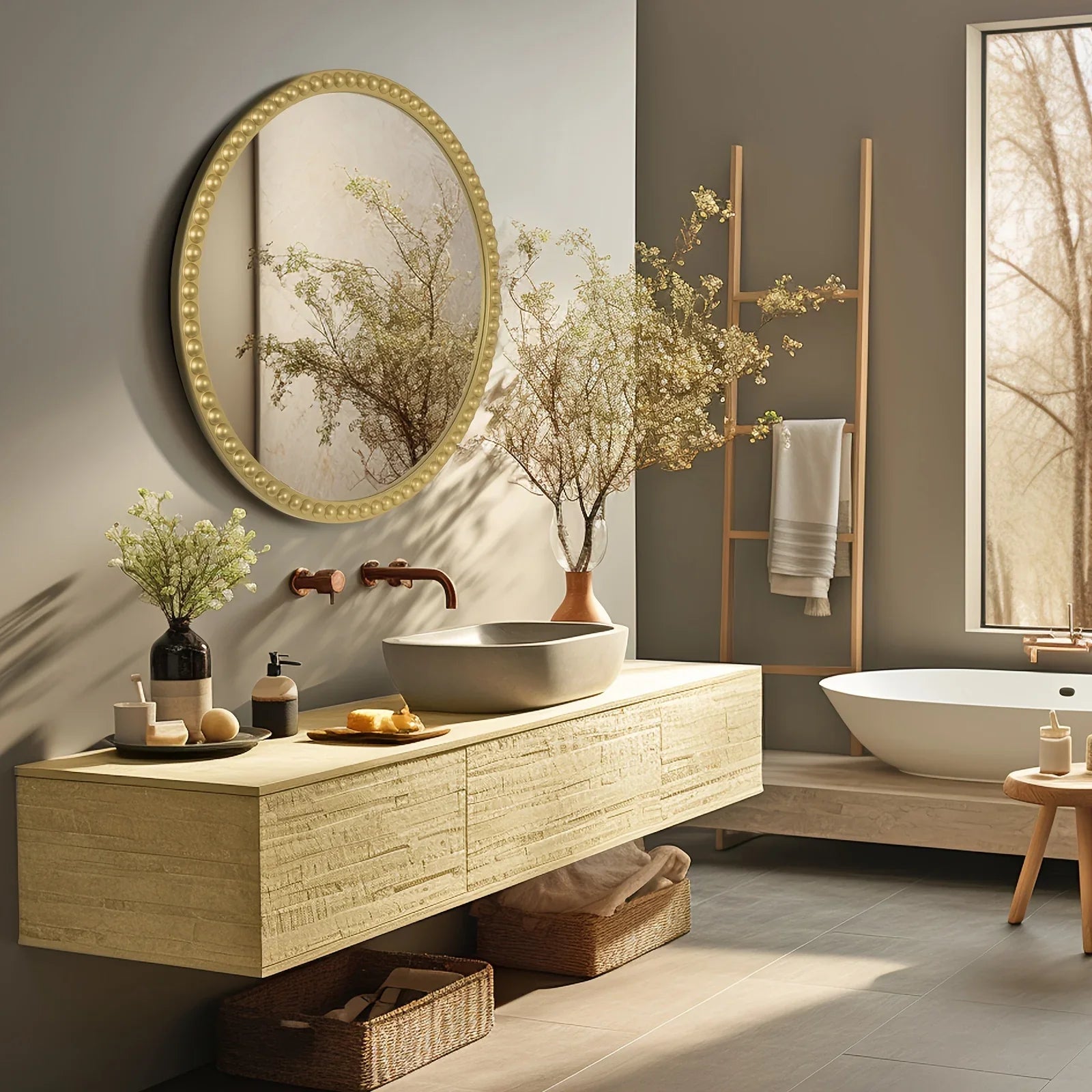 Gold Beaded Round Wall Mirror - House Of Avana