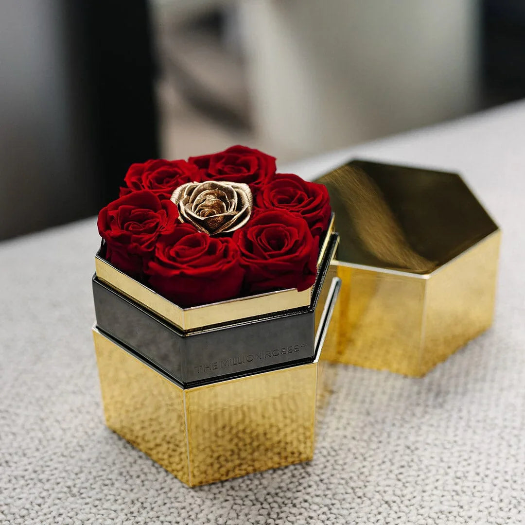 One in a Million™ Mirror Gold Hexagon Box | Red & Gold Roses - House Of Avana