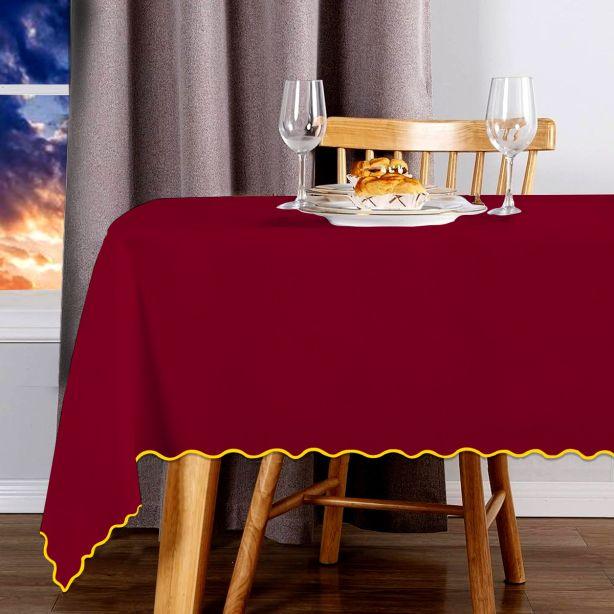 Scallop Embroidery Sateen Cotton Solid Table Cloth - Burgundy PushpLinen