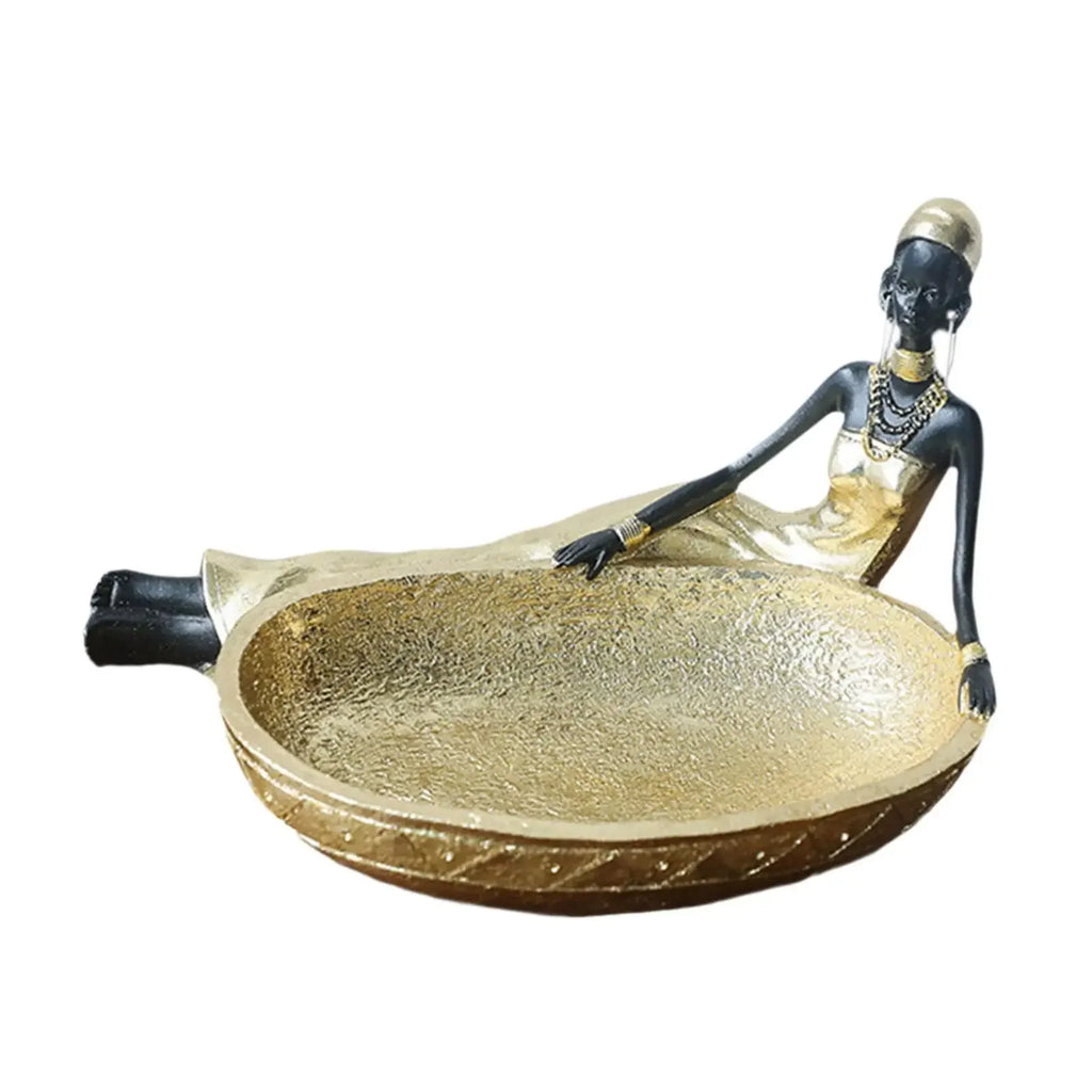 African Gold Sculpture - Tribal Lady Tabletop, angled view - House Of Avana