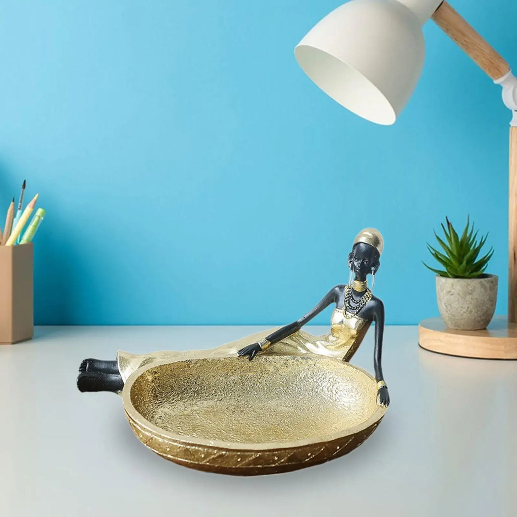 African Gold Sculpture - Tribal Lady Tabletop, back view - House Of Avana