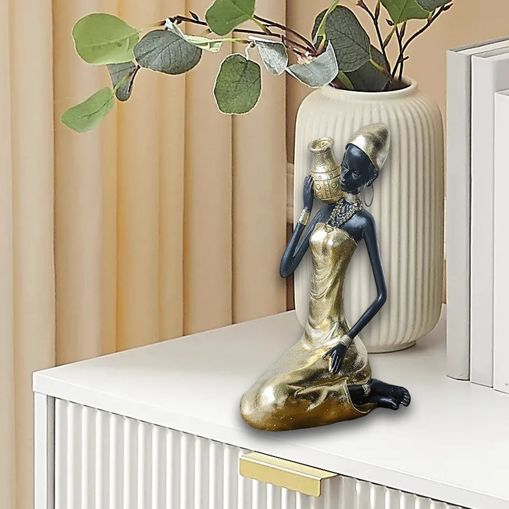 African Gold Sculpture - Tribal Lady Tabletop, close-up view - House Of Avana