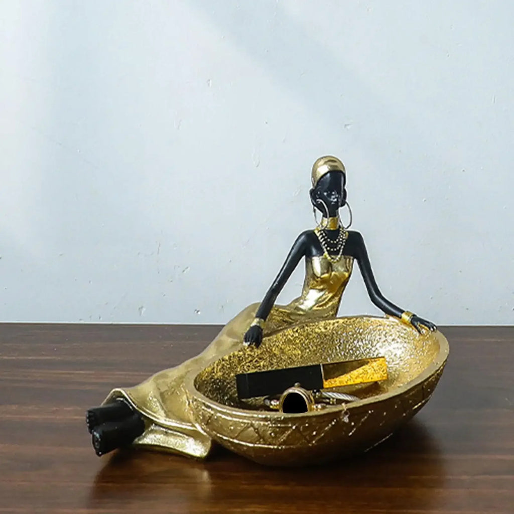 African Gold Sculpture - Tribal Lady Tabletop, detail shot - House Of Avana