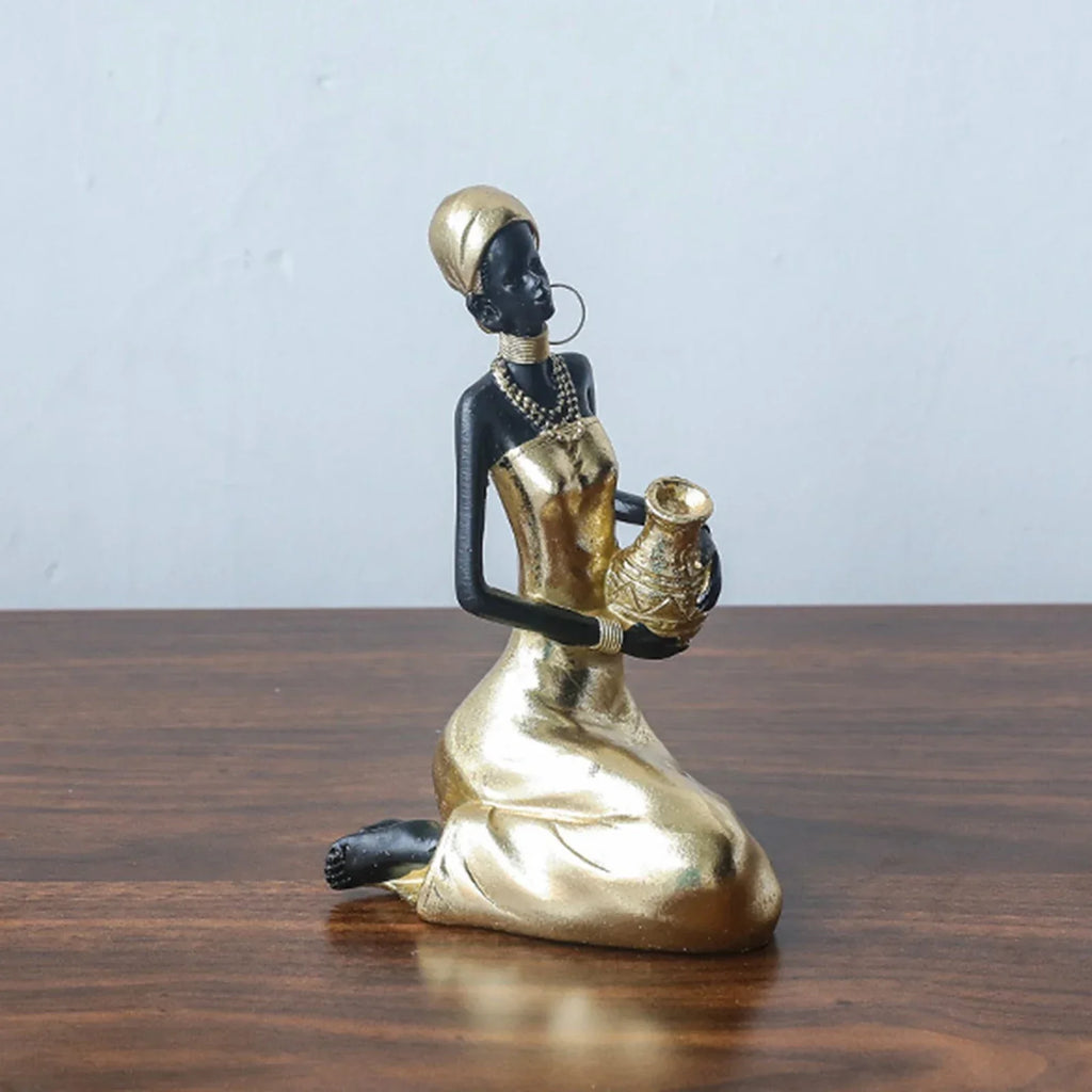 African Gold Sculpture - Tribal Lady Tabletop, dimensions view - House Of Avana