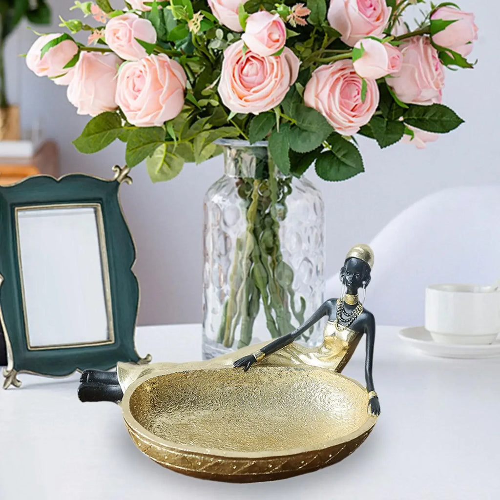 African Gold Sculpture - Tribal Lady Tabletop, side view - House Of Avana