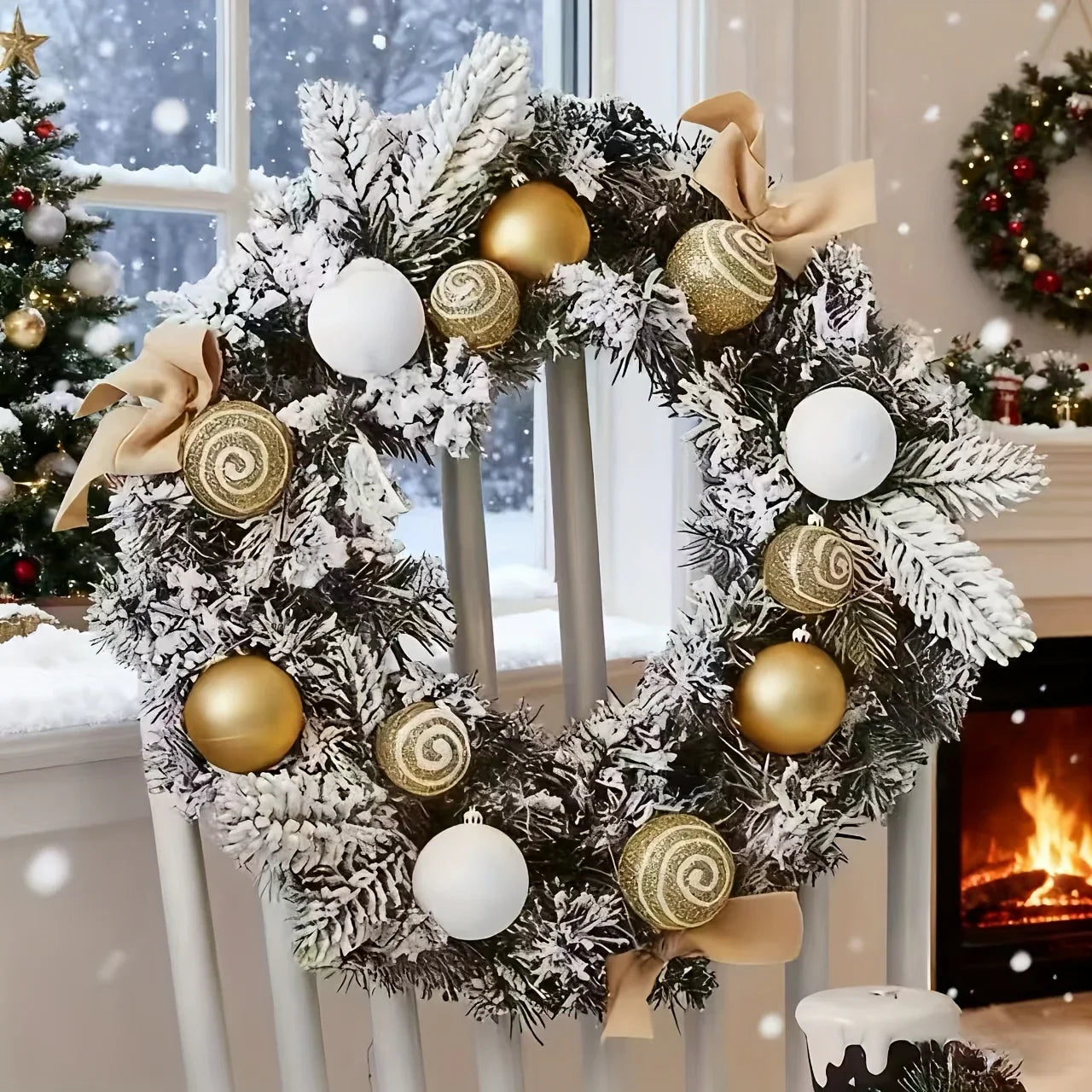 1pc Large Artificial Wreath Centerpiece with Pine Leaves & Golden Accents - Elegant Winter Holiday Decor for Dining Table, Fireplace, or Window - Handmade Plastic, Candle Holder & Wall Hanging Decoration, Christmas Decoration House Of Avana