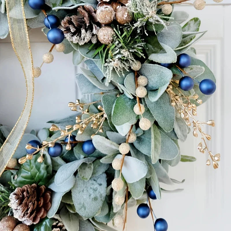 Artificial 16-inch Wreath with Blueberry & Eucalyptus and Golden Accents - House Of Avana