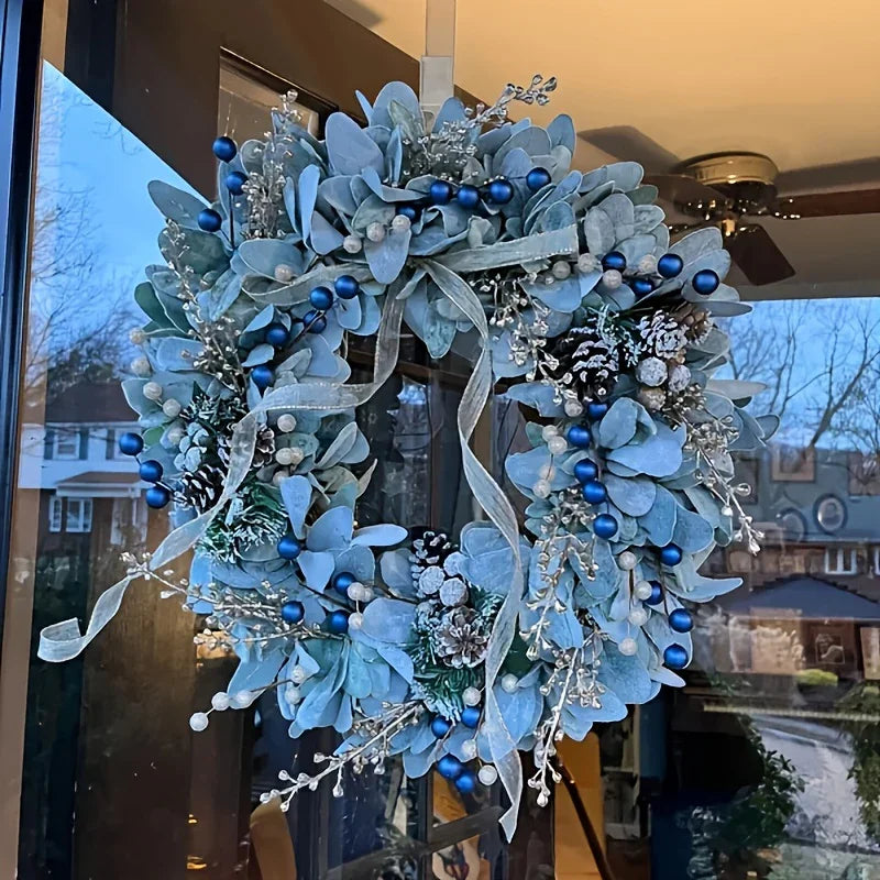 Artificial 16-inch Wreath with Blueberry & Eucalyptus and Golden Accents - House Of Avana