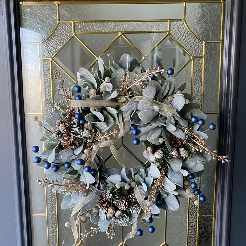 Artificial 16-inch Wreath with Blueberry & Eucalyptus and Golden Accents - House Of Avana