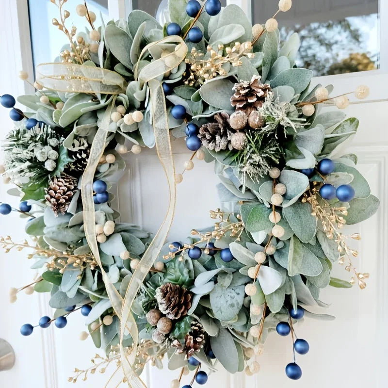 Artificial 16-inch Wreath with Blueberry & Eucalyptus and Golden Accents - House Of Avana