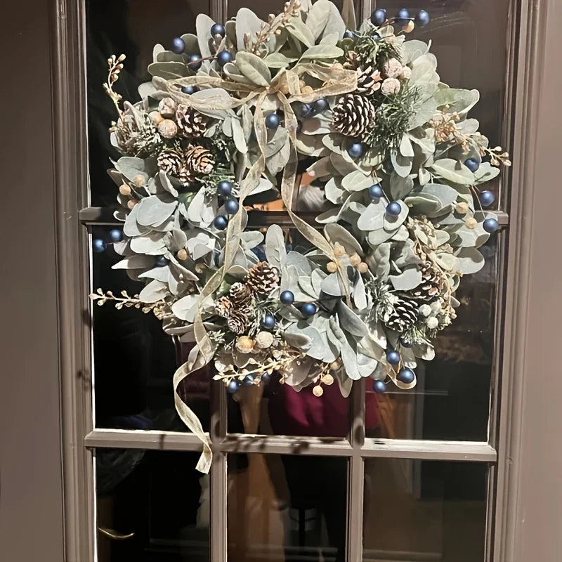 Artificial 16-inch Wreath with Blueberry & Eucalyptus and Golden Accents - House Of Avana