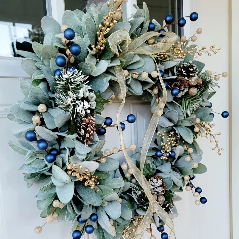 Artificial 16-inch Wreath with Blueberry & Eucalyptus and Golden Accents - House Of Avana