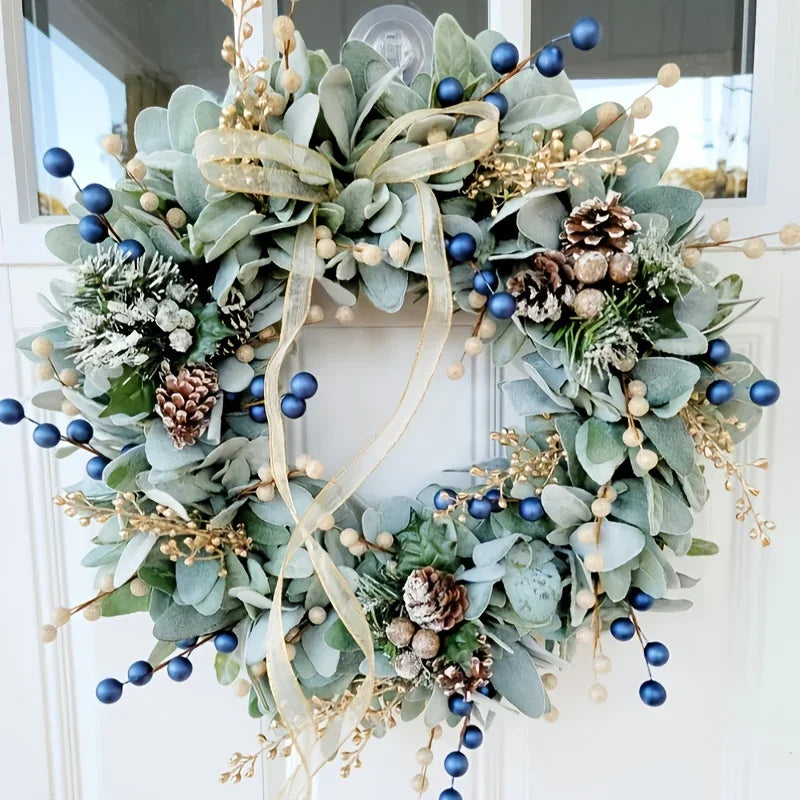 Artificial 16-inch Wreath with Blueberry & Eucalyptus and Golden Accents - House Of Avana