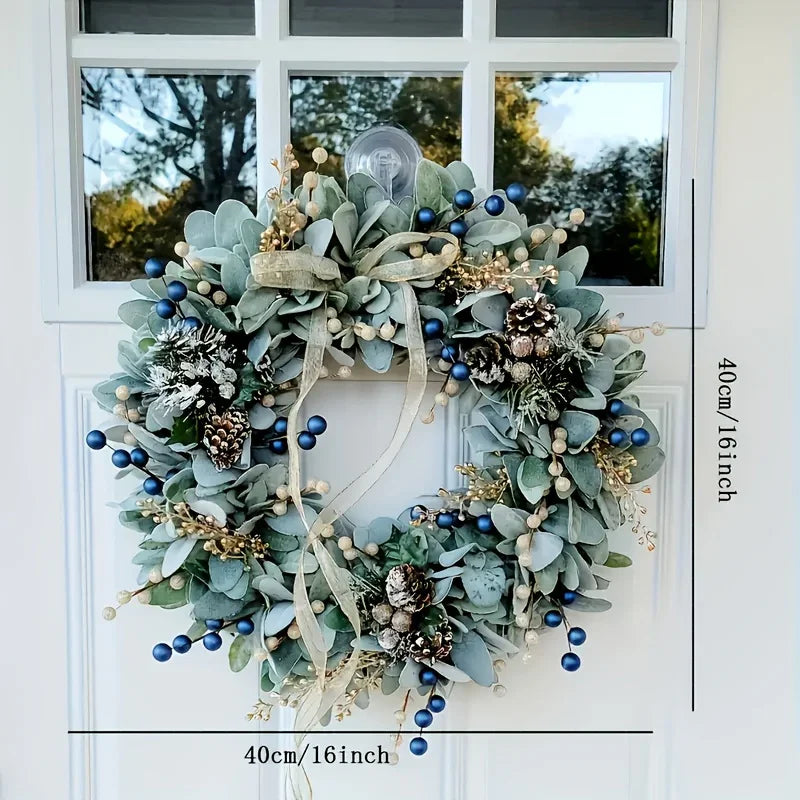 Artificial 16-inch Wreath with Blueberry & Eucalyptus and Golden Accents - House Of Avana