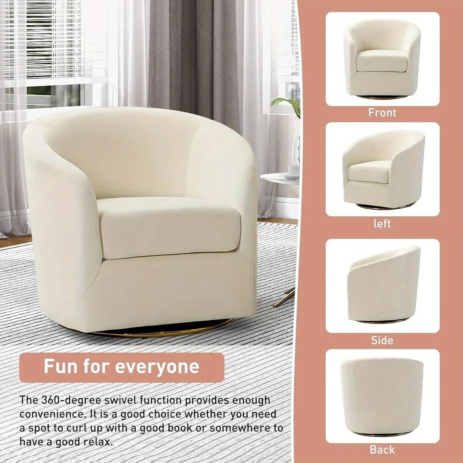 Velvet Swivel Accent Chair with Golden Metal Base, side view - House Of Avana