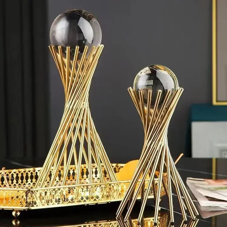 Golden Desk Statue - Geometric Crystal Ball, back view - House Of Avana