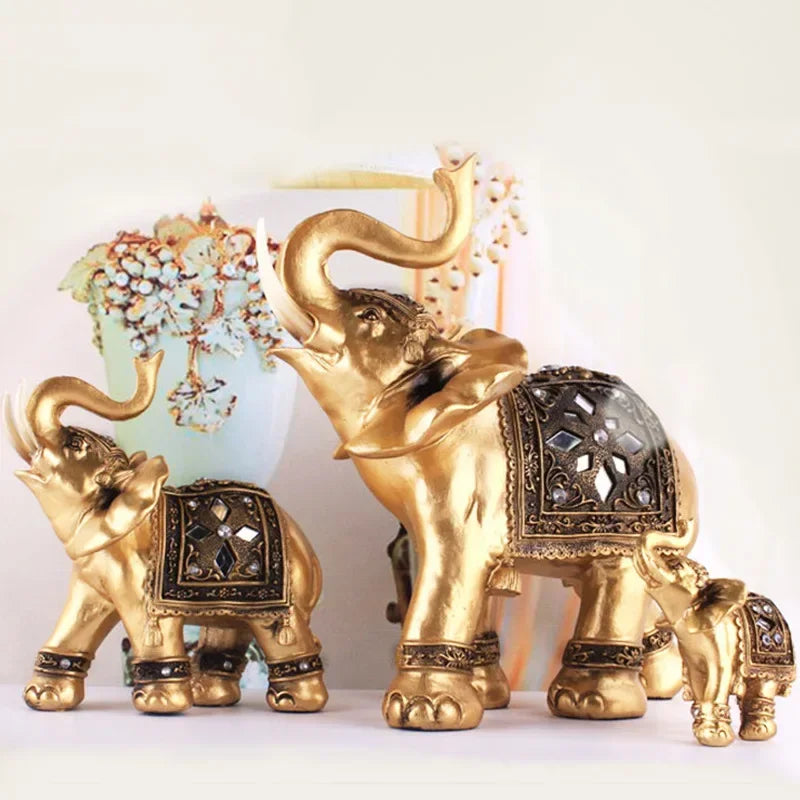 Golden Resin Elephant Statue Feng Shui Elegant Elephant Trunk Sculpture Lucky Wealth Figurine Crafts... - House Of Avana