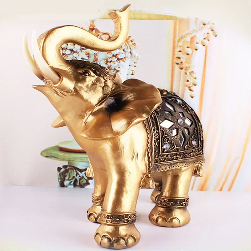 Golden Resin Elephant Statue Feng Shui Elegant Elephant Trunk Sculpture Lucky Wealth Figurine Crafts... - House Of Avana